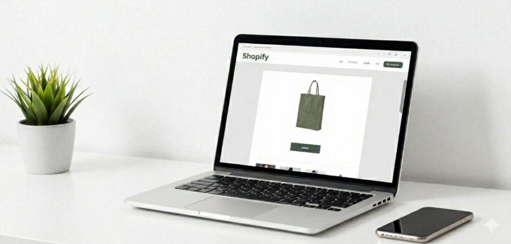 a Shopify store on a laptop, clean desk setup