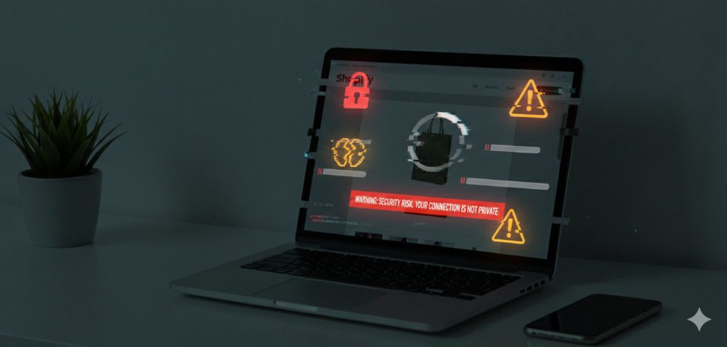 Warning concept image showing a corrupted ecommerce website, slow loading indicators, security alert symbols, dark tone with professional illustration style