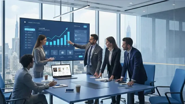 Shopify development company in Dubai planning and optimizing an ecommerce website on a large screen dashboard.