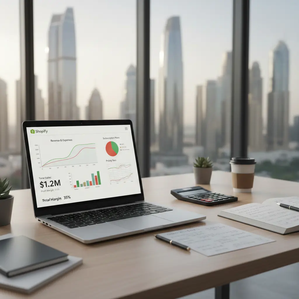 Shopify development costs in Dubai with an e-commerce dashboard showing subscription plans, pricing and budget analysis.