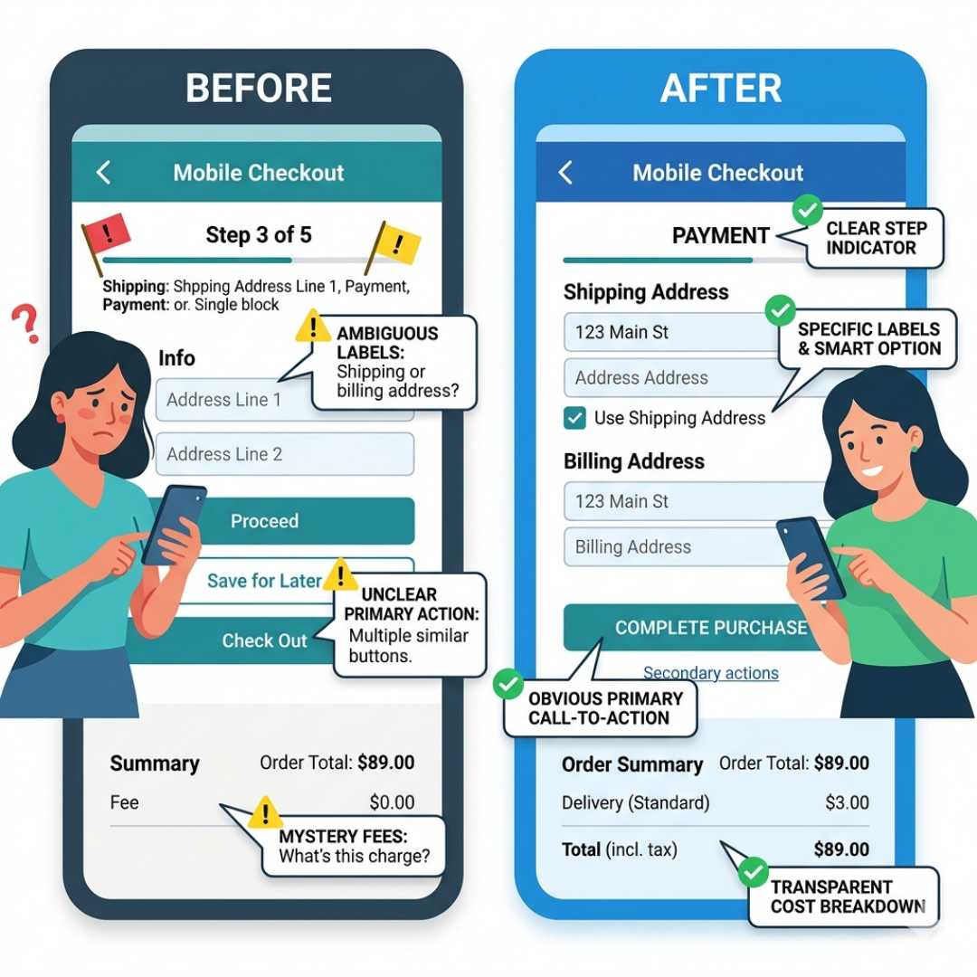 Before vs after checkout screen showing clearer wording