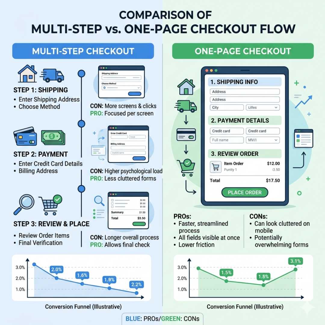 Comparison of multi-step vs one-page checkout flow