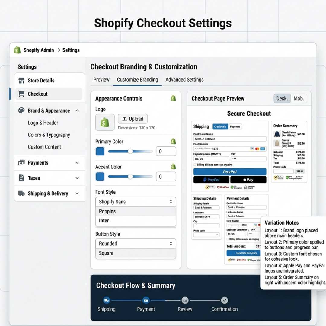 Shopify checkout settings dashboard with branding options