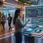 create a imaginative futuristic checkout page in landscape image i need all the elements in zoom out inside the image to crop