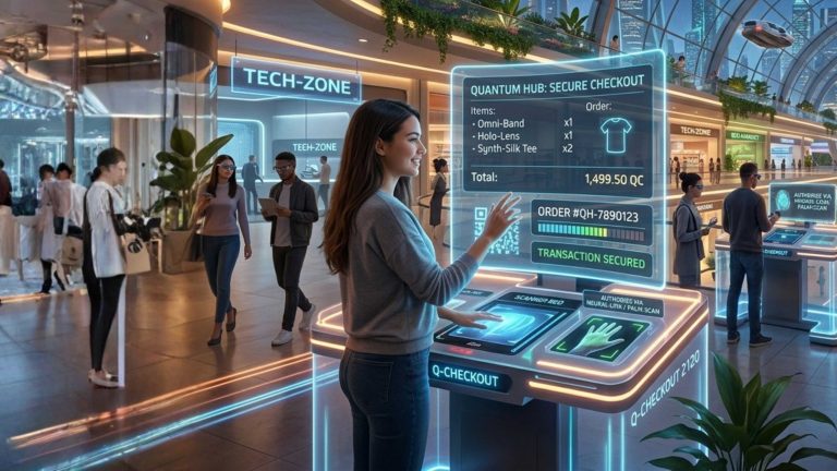 create a imaginative futuristic checkout page in landscape image i need all the elements in zoom out inside the image to crop
