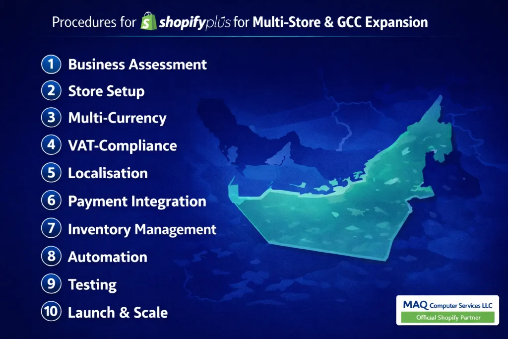 Shopify Plus multi-store GCC expansion setup steps infographic