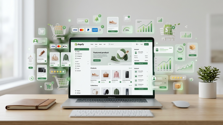 A professional laptop display showcasing a clean e-commerce interface, representing expert Shopify Store Setup and Development Services UAE, surrounded by floating 3D icons for shopping carts, secure payments, and sales analytics.
