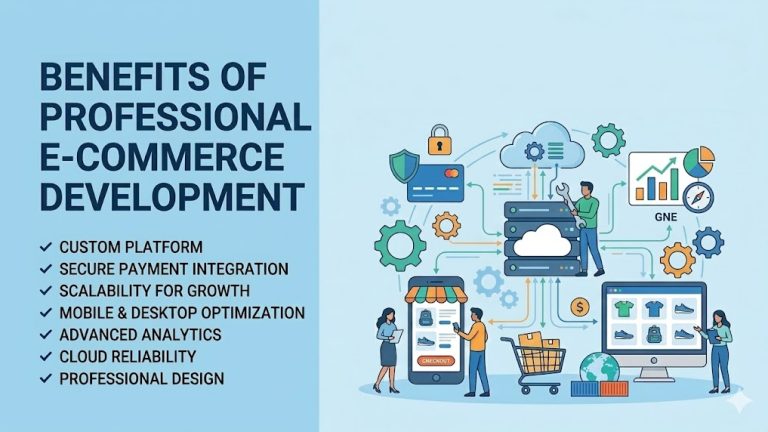 Infographic showing benefits of professional e-commerce development: security, scalability, and custom platforms.