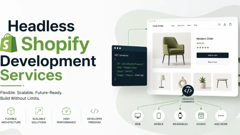 Marketing banner for Headless Shopify Development Services showing a modern e-commerce