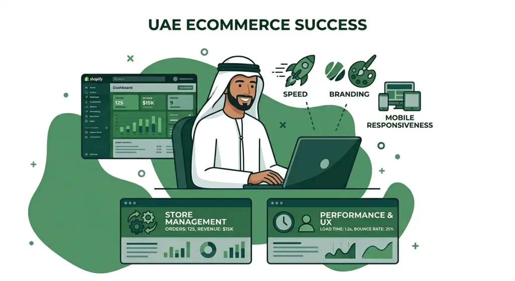 UAE business owner using custom Shopify theme development to grow their online store.
