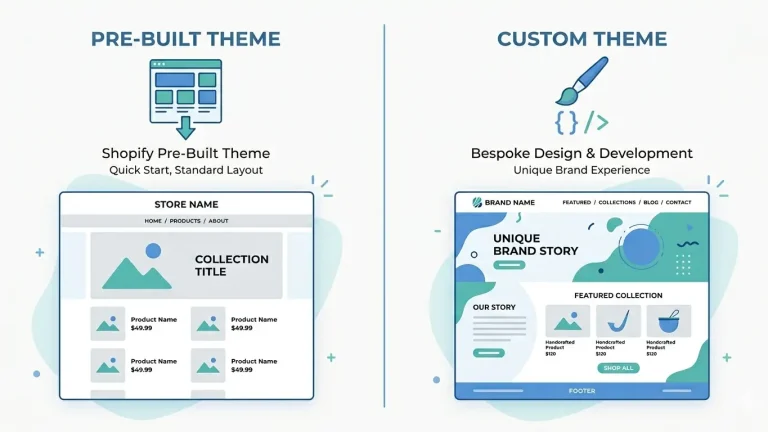 Pre-built Shopify theme vs custom Shopify theme comparison illustration
