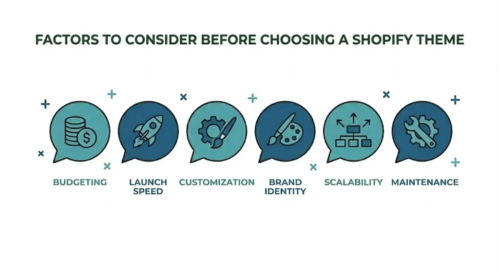Key factors businesses should consider before choosing a pre-built or custom Shopify theme.