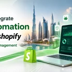 AI automation with Shopify for inventory management dashboard with stock tracking, analytics, boxes, scanner, and Dubai skyline.
