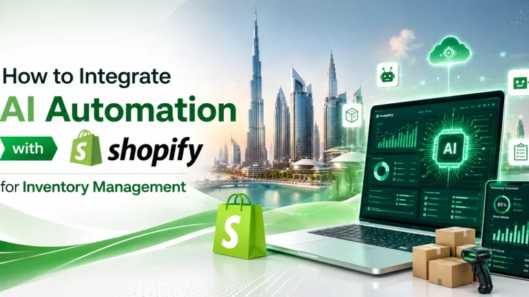 AI automation with Shopify for inventory management dashboard with stock tracking, analytics, boxes, scanner, and Dubai skyline.