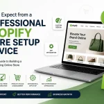 What to Expect from a Professional Shopify Store Setup infographic showing seven steps including consultation, design, theme setup, product upload, integrations, testing, and launch.