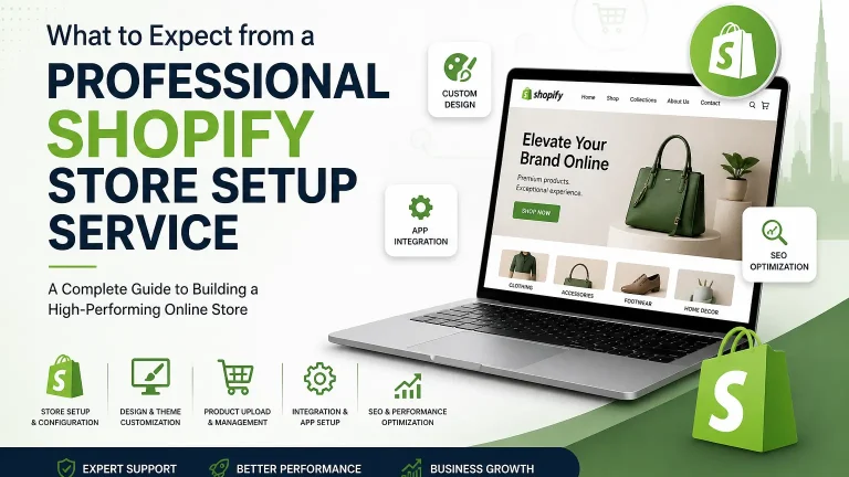 What to Expect from a Professional Shopify Store Setup infographic showing seven steps including consultation, design, theme setup, product upload, integrations, testing, and launch.