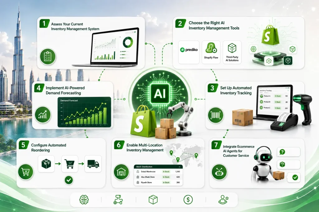 Step-by-step AI automation with Shopify inventory management showing stock tracking, forecasting, reordering, warehouse tools, and smart ecommerce system.