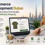 Laptop displaying an ecommerce checkout with Cash on Delivery selected, a customer paying a courier in cash, and the Dubai skyline in the background, illustrating ecommerce development in Dubai with payment strategy, seamless checkout, courier integration, and order verification for successful COD management.