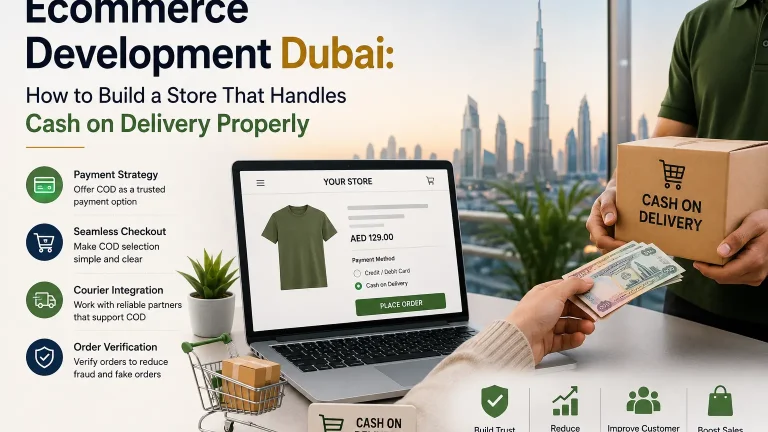 Laptop displaying an ecommerce checkout with Cash on Delivery selected, a customer paying a courier in cash, and the Dubai skyline in the background, illustrating ecommerce development in Dubai with payment strategy, seamless checkout, courier integration, and order verification for successful COD management.