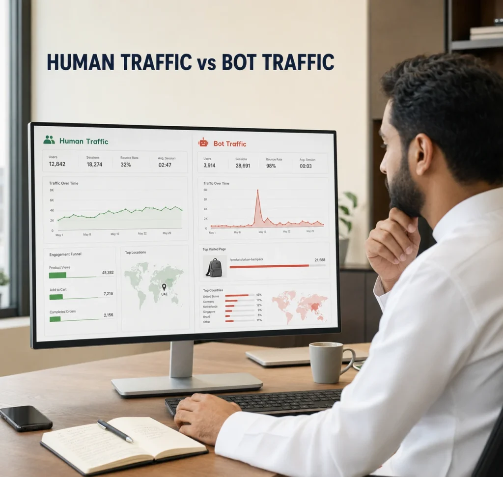 UAE ecommerce business owner comparing human traffic and bot traffic on an analytics dashboard.