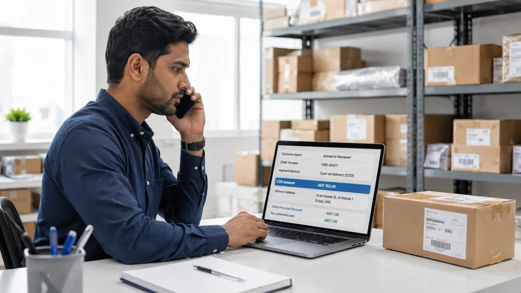 Store representative confirming a cash-on-delivery order by phone before dispatch.