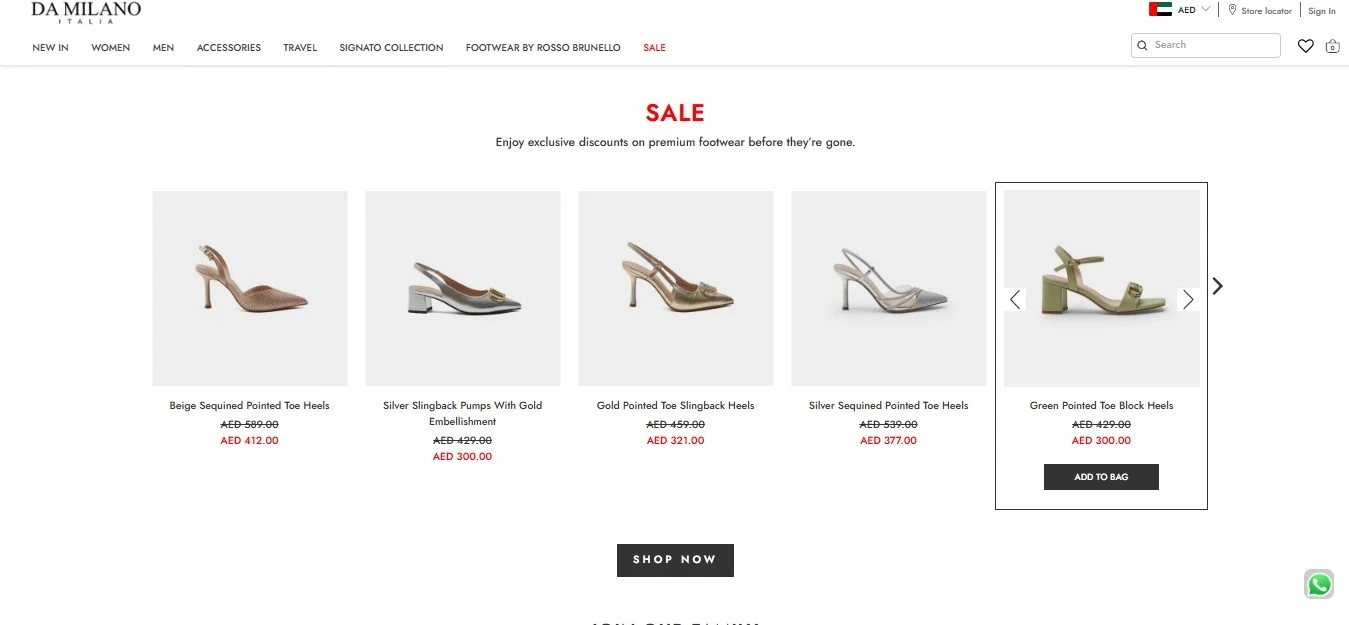 Da Milano UAE product page showcasing women's luxury shoes on sale with discounted prices and add-to-cart buttons