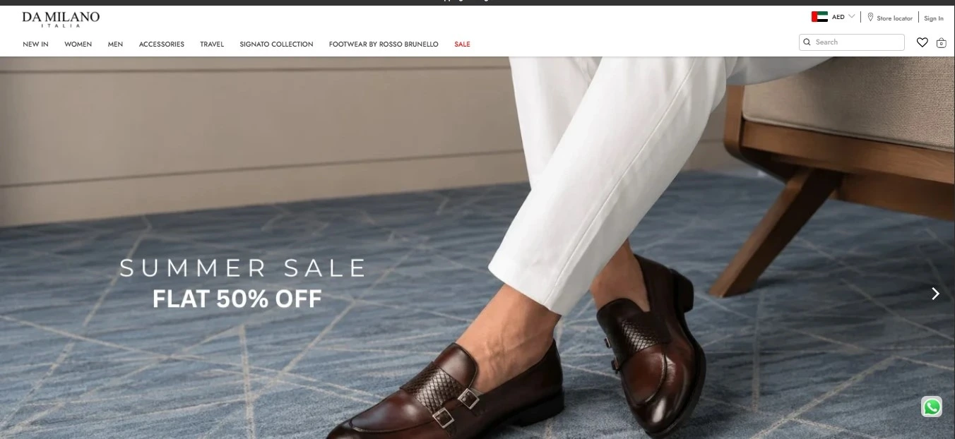 Da Milano UAE homepage displaying the Summer Sale with 50% off on premium leather footwear and luxury fashion collections