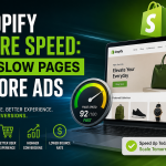 Shopify store speed optimization graphic showing a fast-loading Shopify website, page speed score, better user experience, and higher conversions.
