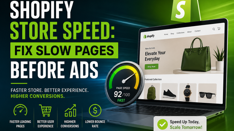 Shopify store speed optimization graphic showing a fast-loading Shopify website, page speed score, better user experience, and higher conversions.