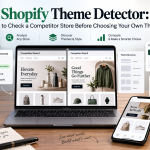 Shopify Theme Detector workspace showing a laptop and mobile screen comparing competitor Shopify stores, theme details, style panels and performance metrics.