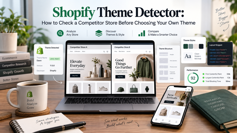 Shopify Theme Detector workspace showing a laptop and mobile screen comparing competitor Shopify stores, theme details, style panels and performance metrics.
