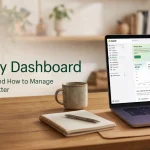 Laptop displaying a Shopify store admin dashboard on a wooden desk alongside a mug and notebook, with large text reading "Shopify Dashboard: What’s New and How to Manage Your Store Better" on the left.