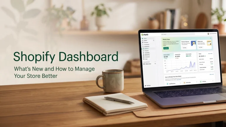 Laptop displaying a Shopify store admin dashboard on a wooden desk alongside a mug and notebook, with large text reading "Shopify Dashboard: What’s New and How to Manage Your Store Better" on the left.