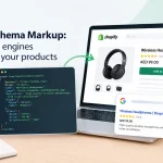 Shopify schema markup showing product details, AED 99.00 pricing, product ratings, and Google search results for wireless headphones.