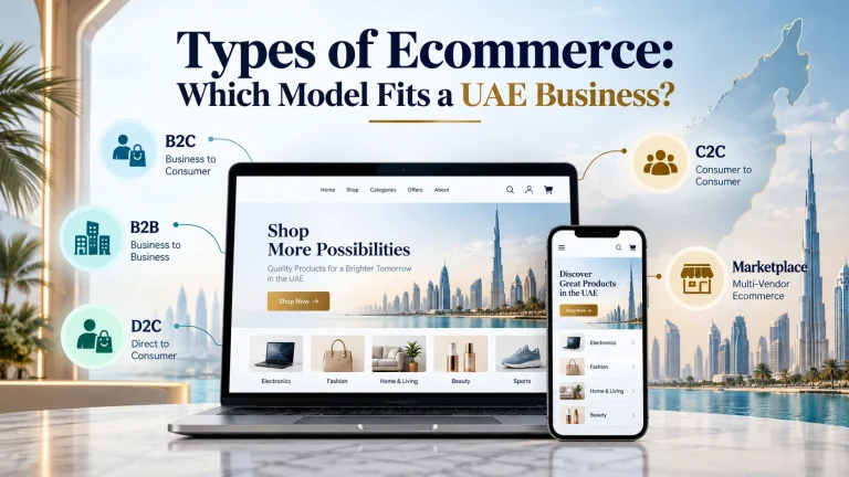 Types of ecommerce models for UAE businesses including B2C, B2B, D2C, C2C and marketplace ecommerce.